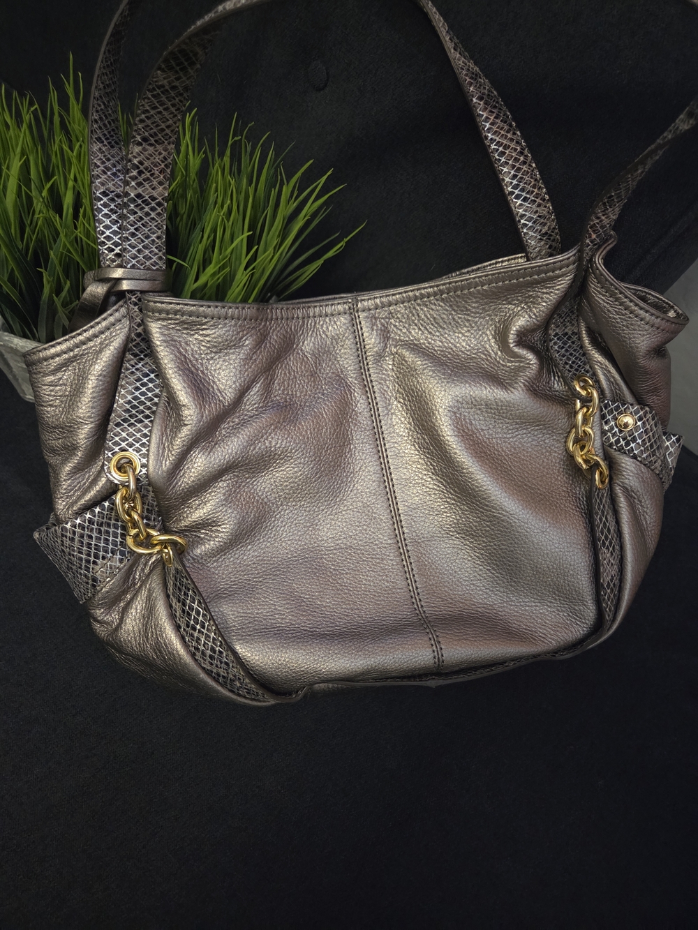 b. makowsky Metallic Pewter Leather Shoulder Bag with Gold Chain Accents